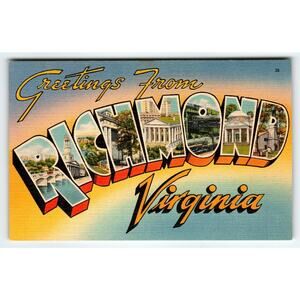 Greetings From Richmond Virginia 1940's City Postcard Large Letter Linen Vintage